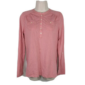 LRL Lauren Jean Co Ralph Lauren Henley Shirt Size M Pink Roll Tab Long Sleeve
